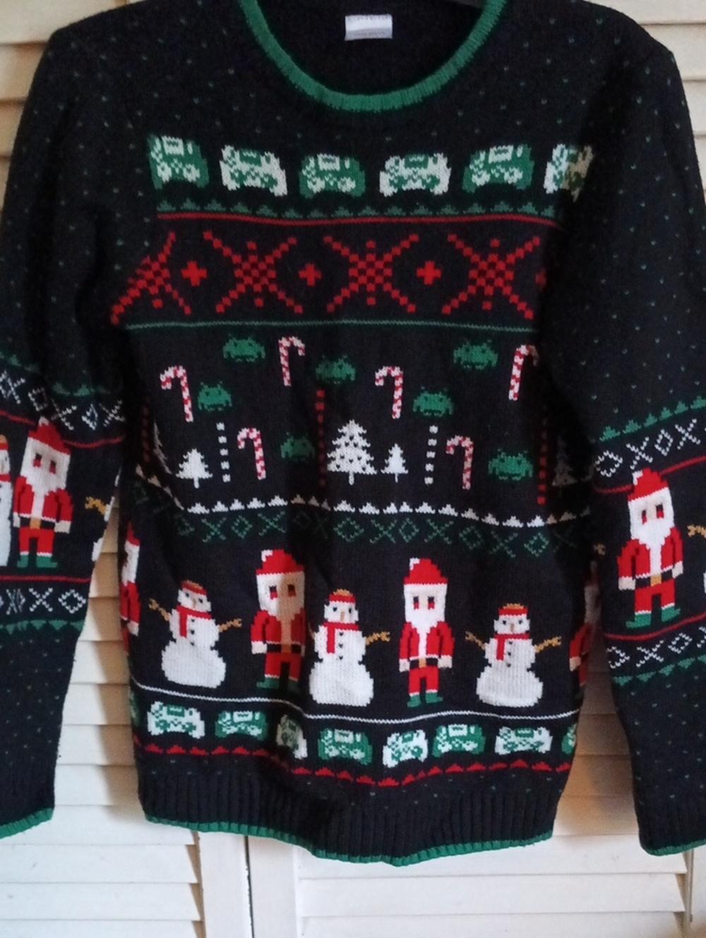 Holiday Time Black Christmas Sweater with Red, Green & White Holiday Motifs